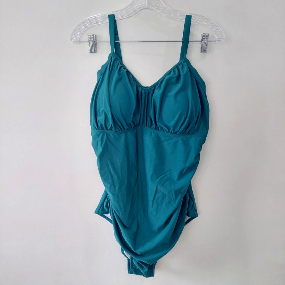 Aqua Eve One-piece Swimsuit 18W Teal Blue Rouched Sides Med Coverage Adjustabe